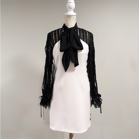 SELF-PORTRAIT Black & White Monochrome Crepe Bow Longsleeve Mini Dress Size 4 - Picture 2 of 16